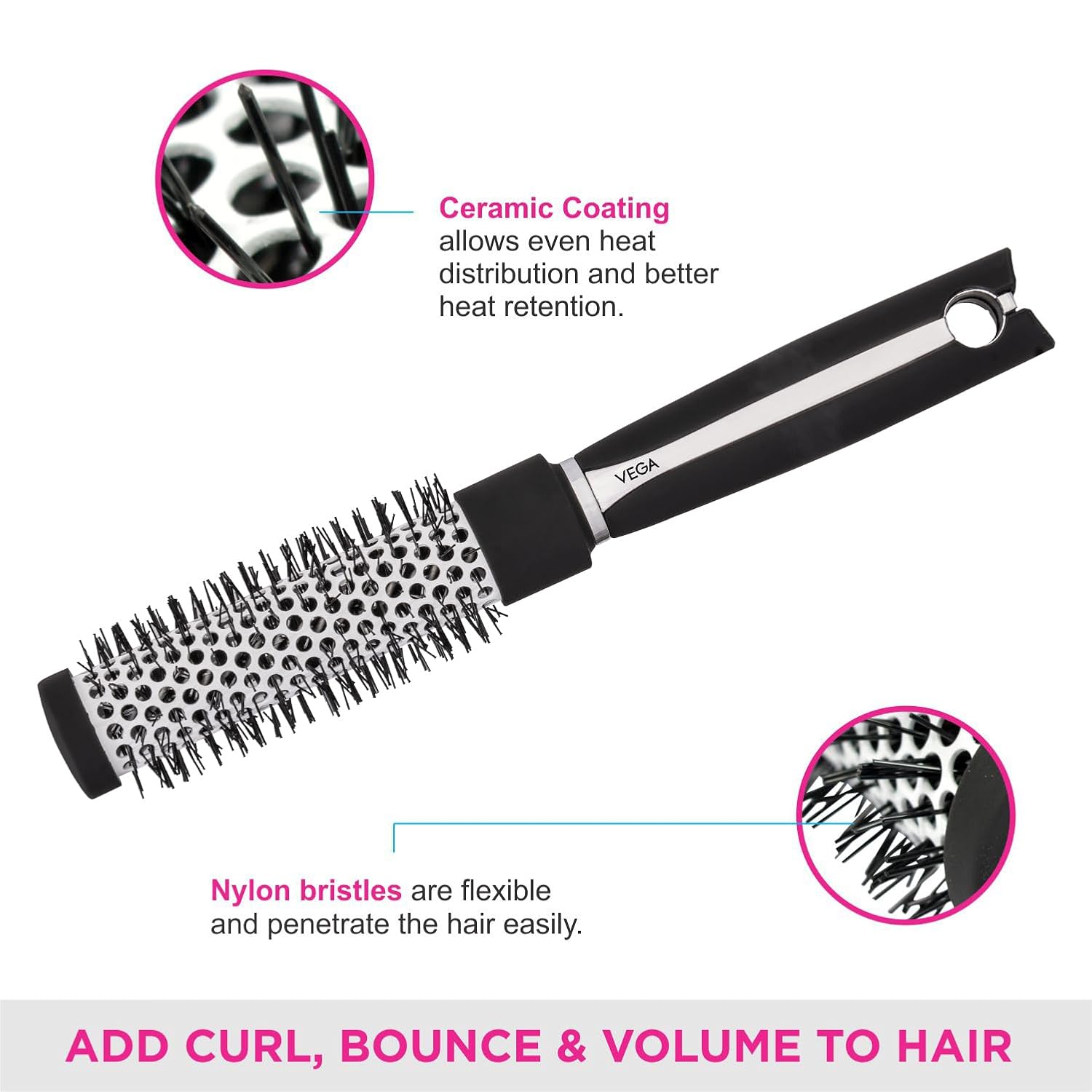 Vega Hot Curl Hair Brush (India's No.1* Hair Brush Brand) For Add Shine & Volume