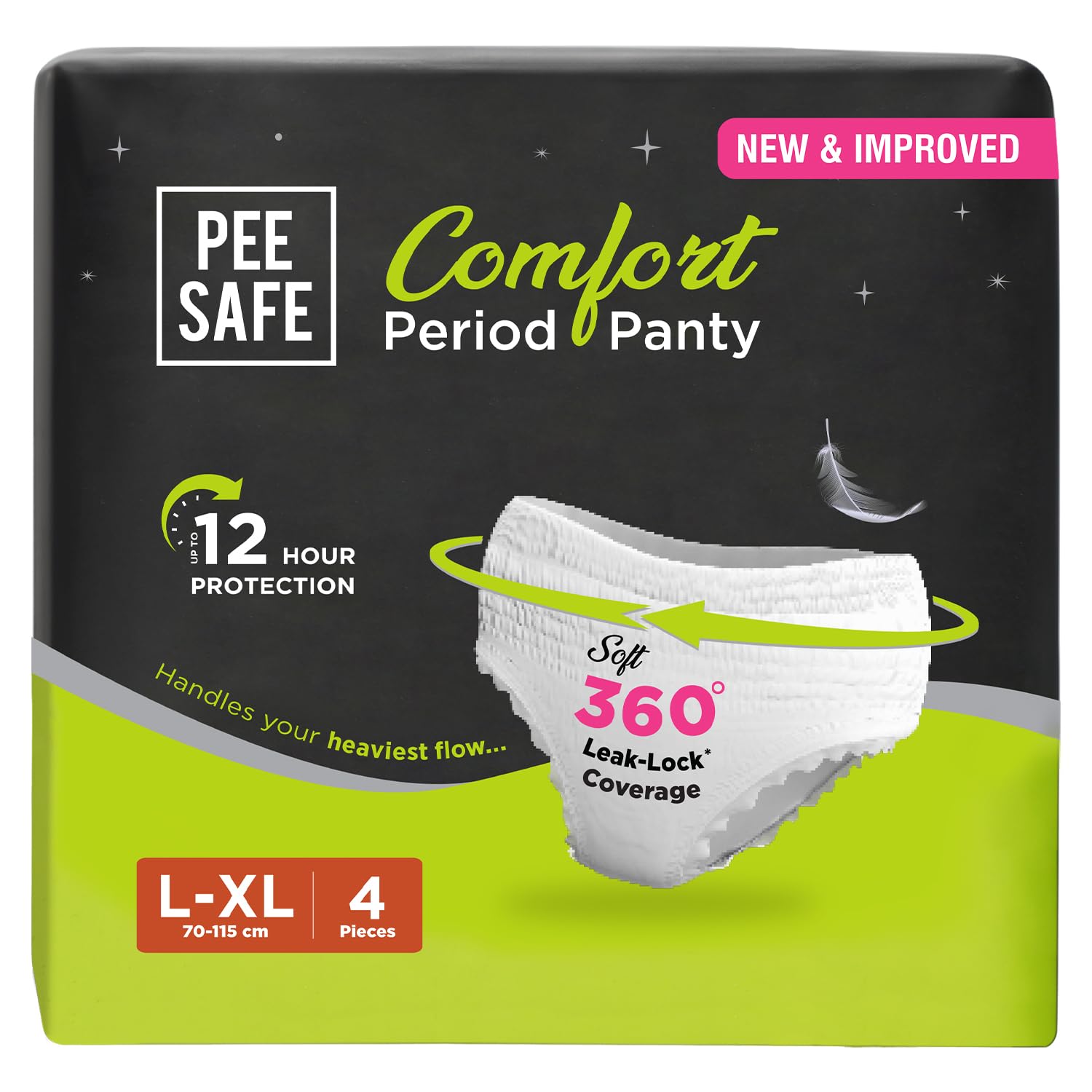 Pee Safe Comfort Period Panties | L-XL | 4 Panties | 360° Protection | Seamless Fit, 12 Hour Protection, Super Soft, Toxin Free, 4X Absorption, Overnight...