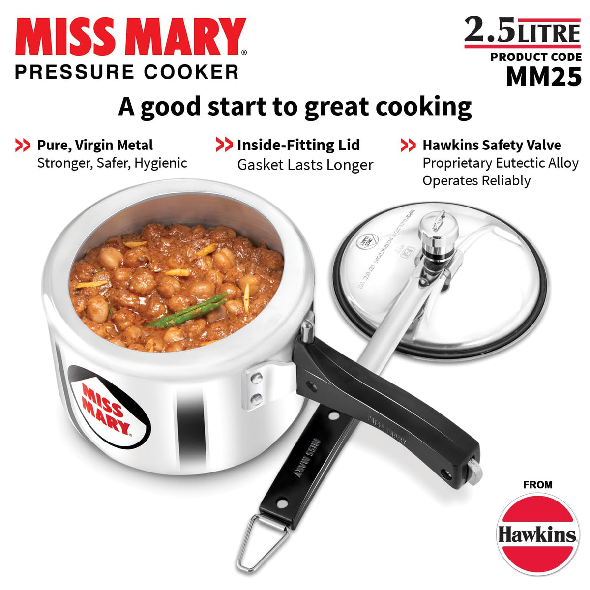 Hawkins 2.5 Litre Miss Mary Pressure Cooker, Inner Lid Cooker, Silver (MM25), Aluminium