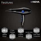 Nova NHP 8211 1800 Watts Proffesional Hair Dryer for Women (Blue)