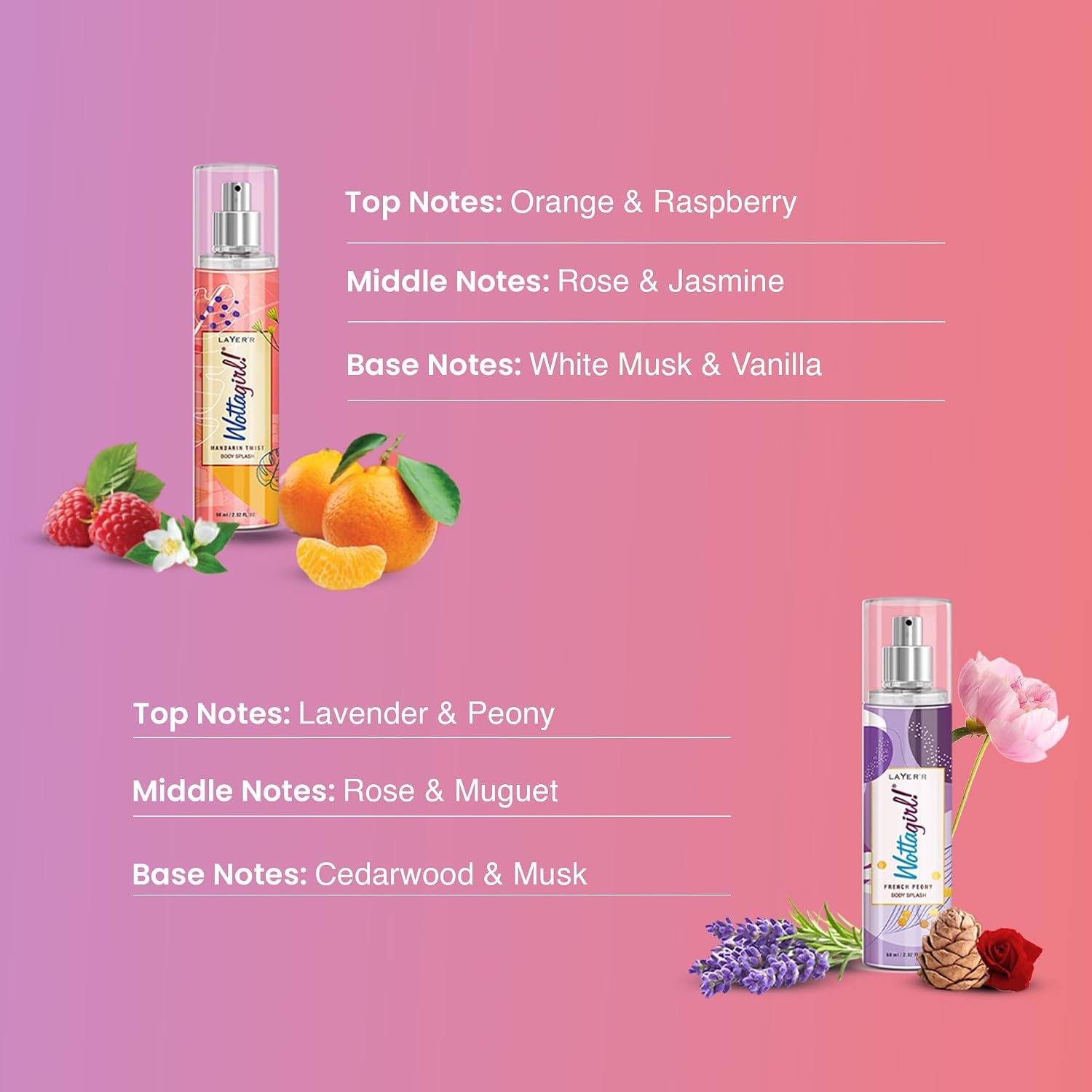 Layer'r Wottagirl French Peony & Mandarin Twist for Women, 60ml x 2 | Long-lasting fruity & floral fragrances with citrus, peony, vanilla, musk & woody notes for everyday freshness.