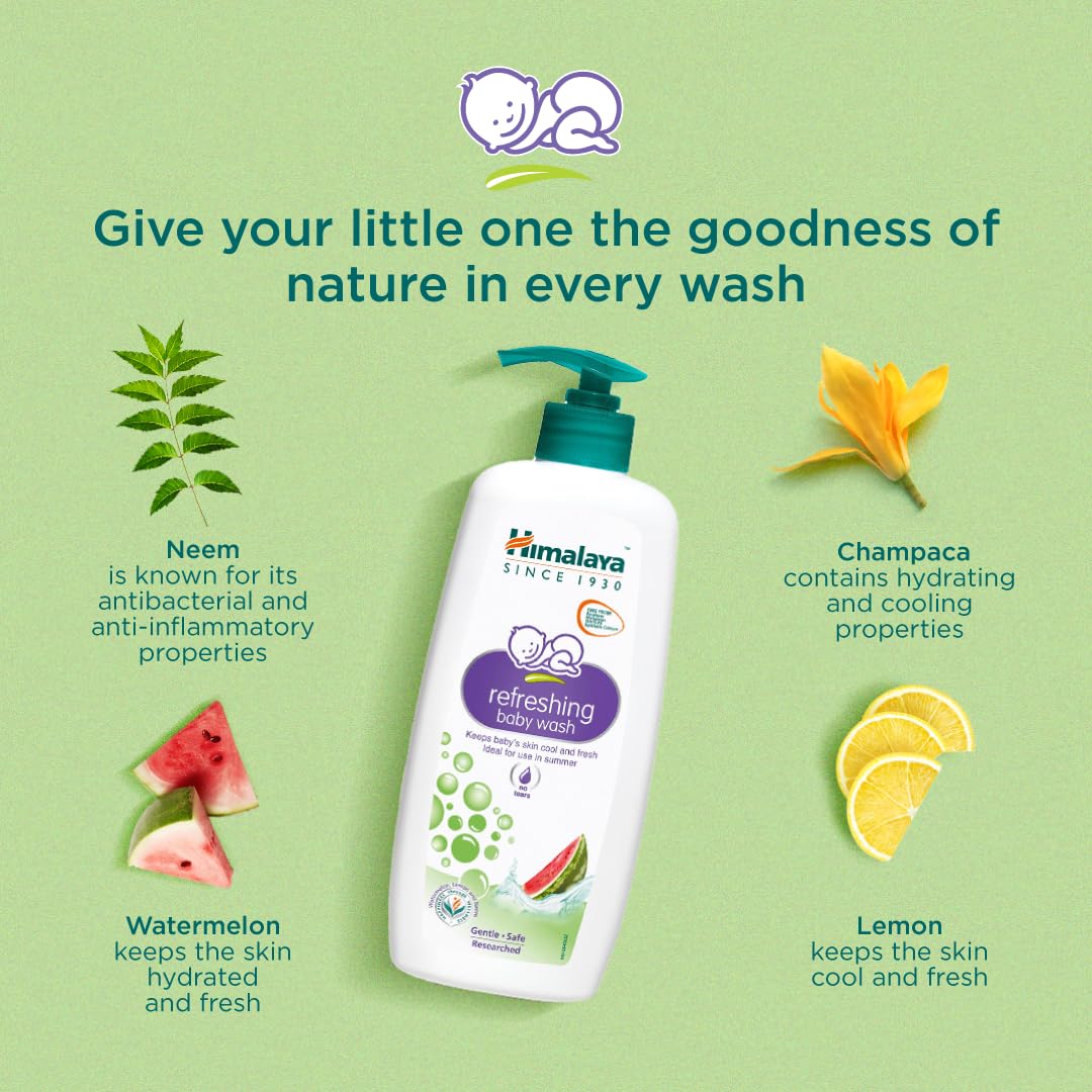 Himalaya Refreshing Baby Wash 200ml | No tears formula |with Watermelon, Neem & Lemon| Keeps baby's skin cool & fresh