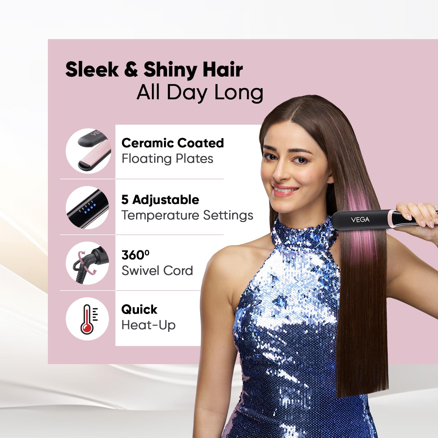 Vega Hair Straightener for Women- 5 Temperature Settings,Ceramic Coated Floating Plates & Quick Heat Up