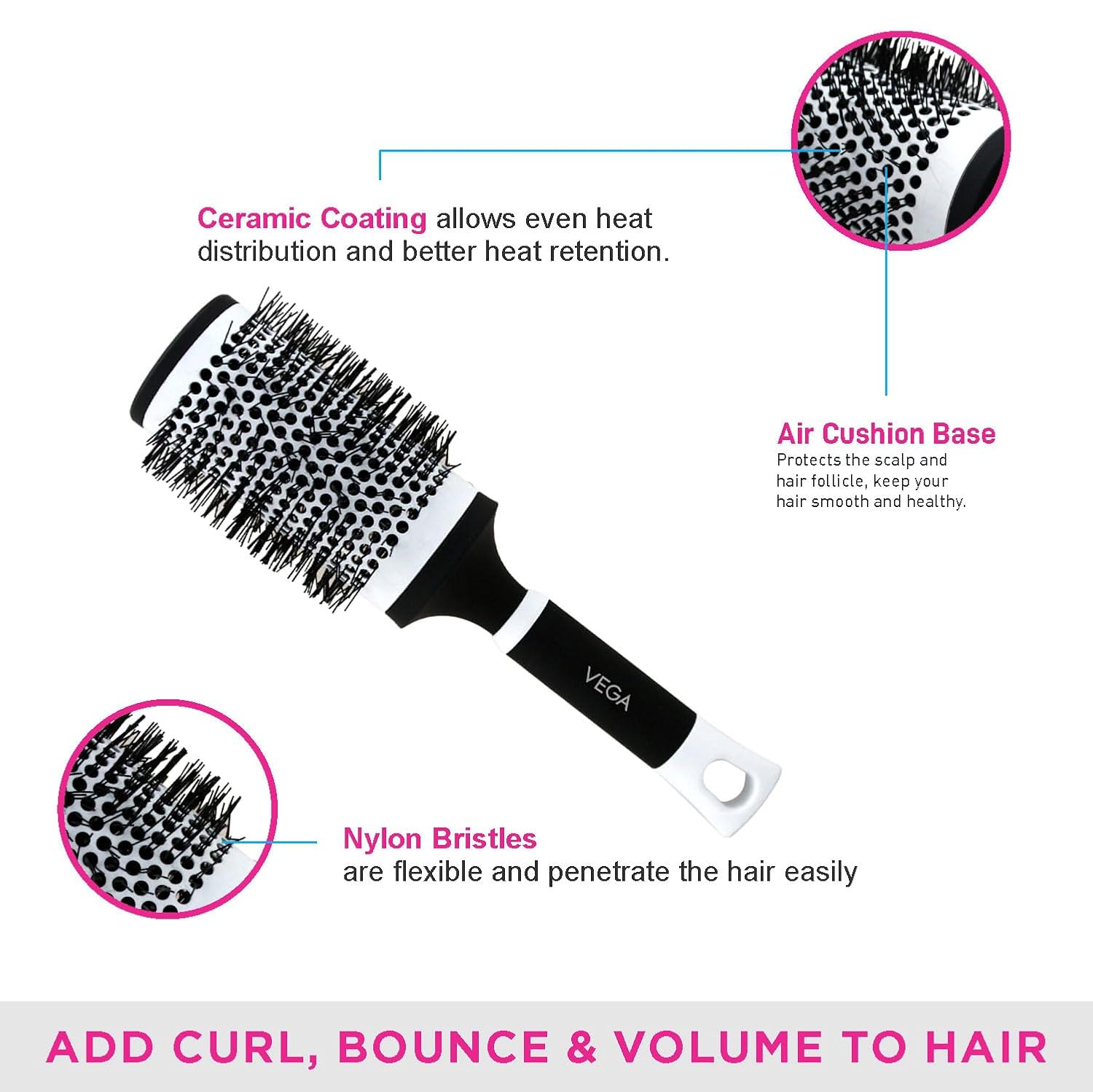 Vega Hot Curl Brush (India's No.1* Hair Brush Brand) For Hair Styling, Drying