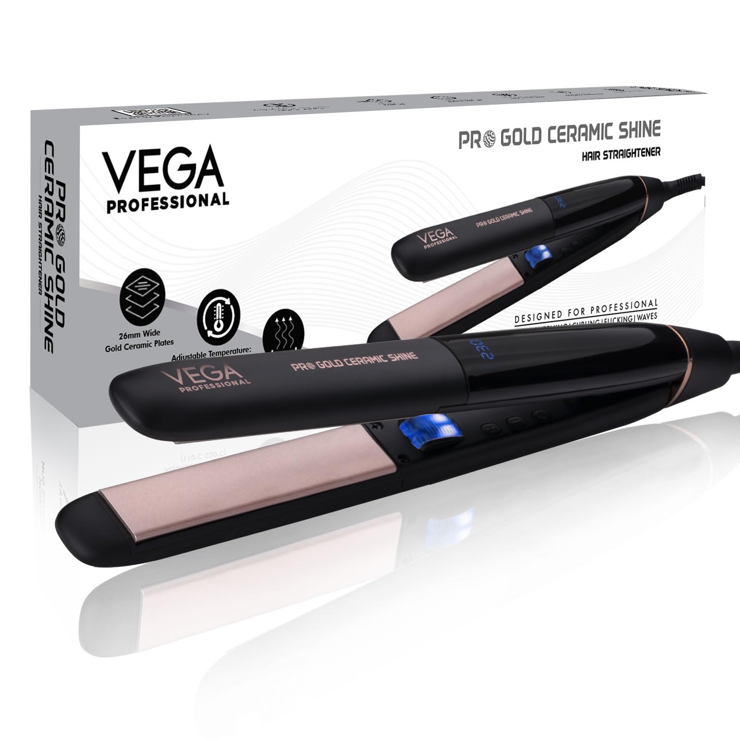 VEGA PROFESSIONAL Pro Gold Ceramic Shine Hair Straightener for Professional and Home Hair Straightening | Ceramic Floating Plates, Black (VPMHS-08)