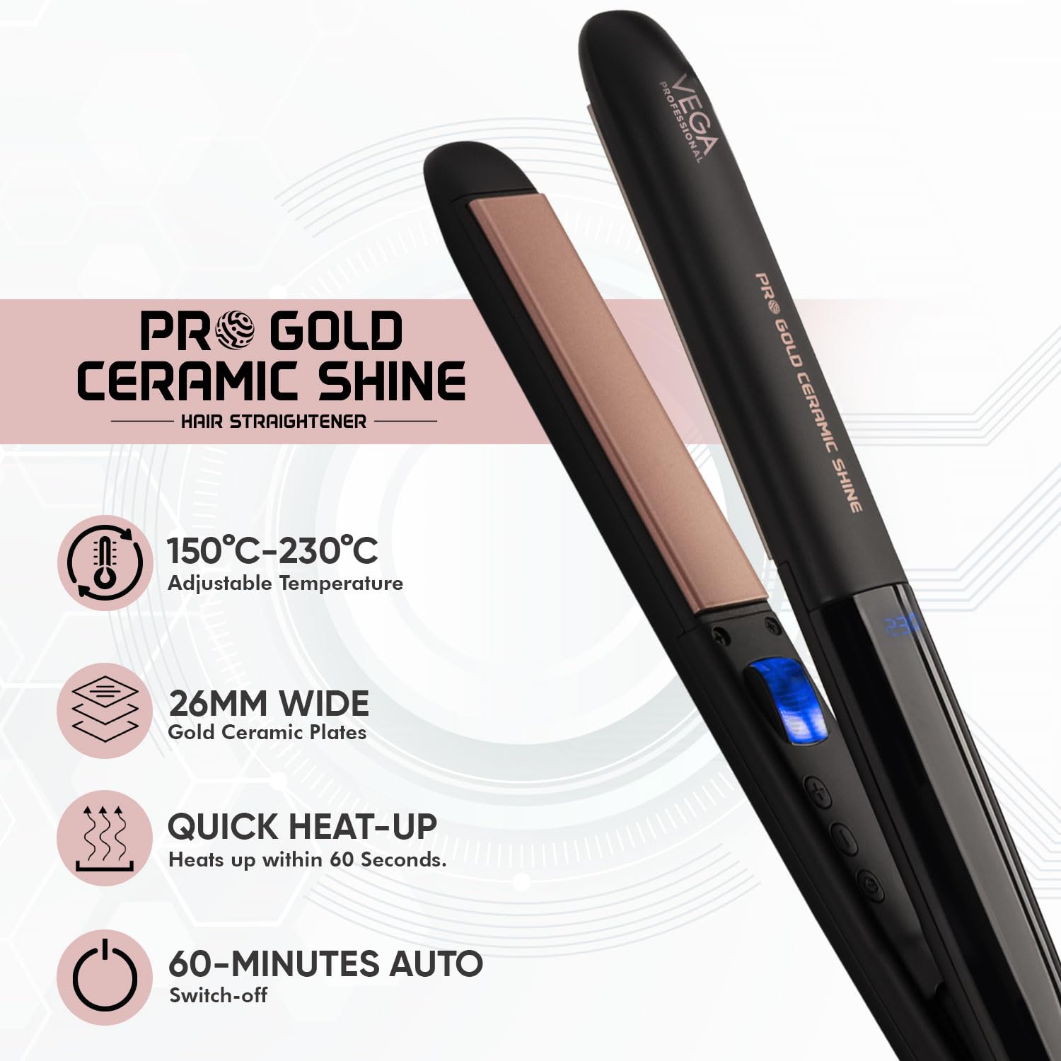 VEGA PROFESSIONAL Pro Gold Ceramic Shine Hair Straightener for Professional and Home Hair Straightening | Ceramic Floating Plates, Black (VPMHS-08)