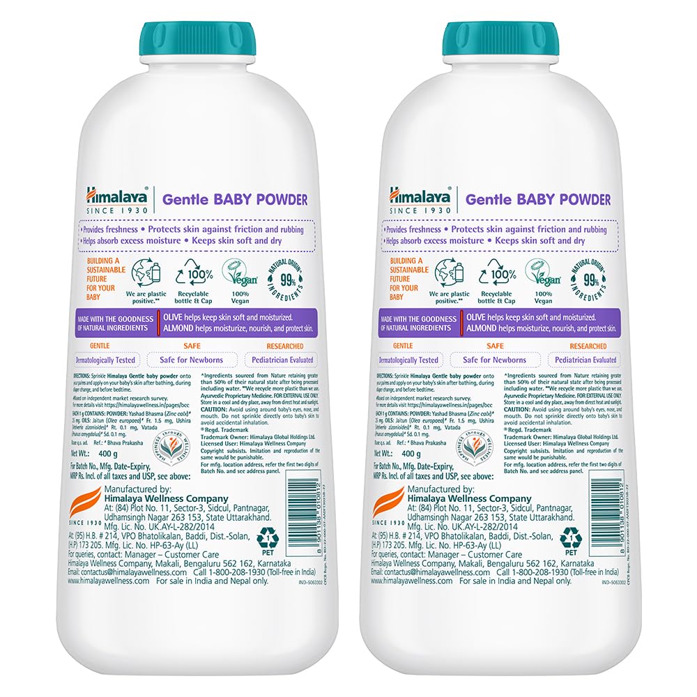 Himalaya Gentle Baby Powder 400g x 2 | No.1 Baby Powder brand | 99% NOI