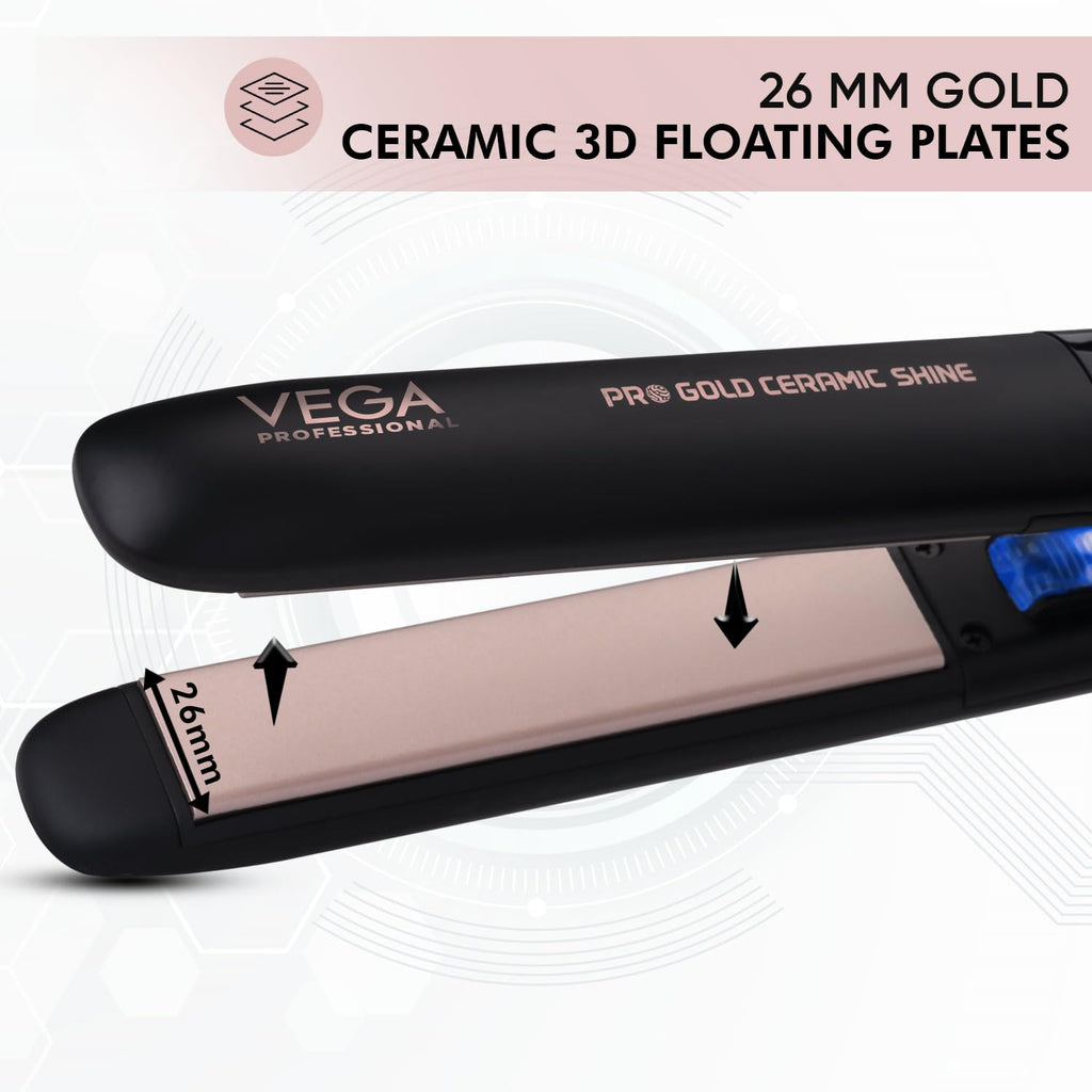 VEGA PROFESSIONAL Pro Gold Ceramic Shine Hair Straightener for Professional and Home Hair Straightening | Ceramic Floating Plates, Black (VPMHS-08)