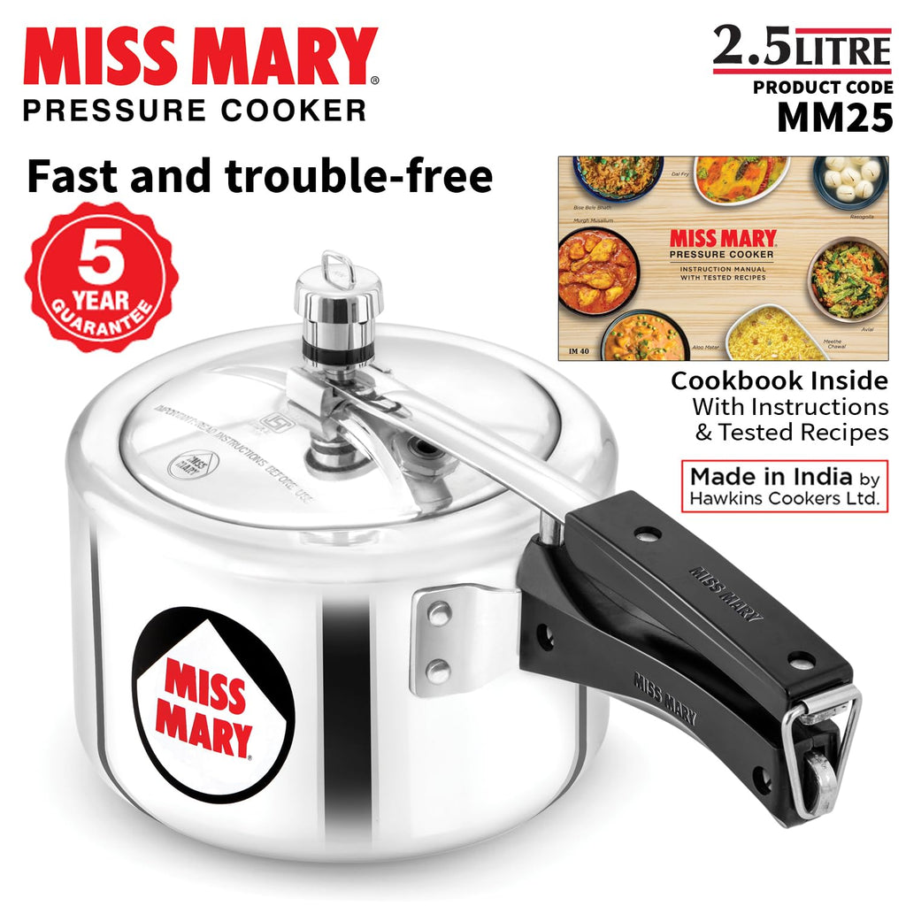 Hawkins 2.5 Litre Miss Mary Pressure Cooker, Inner Lid Cooker, Silver (MM25), Aluminium