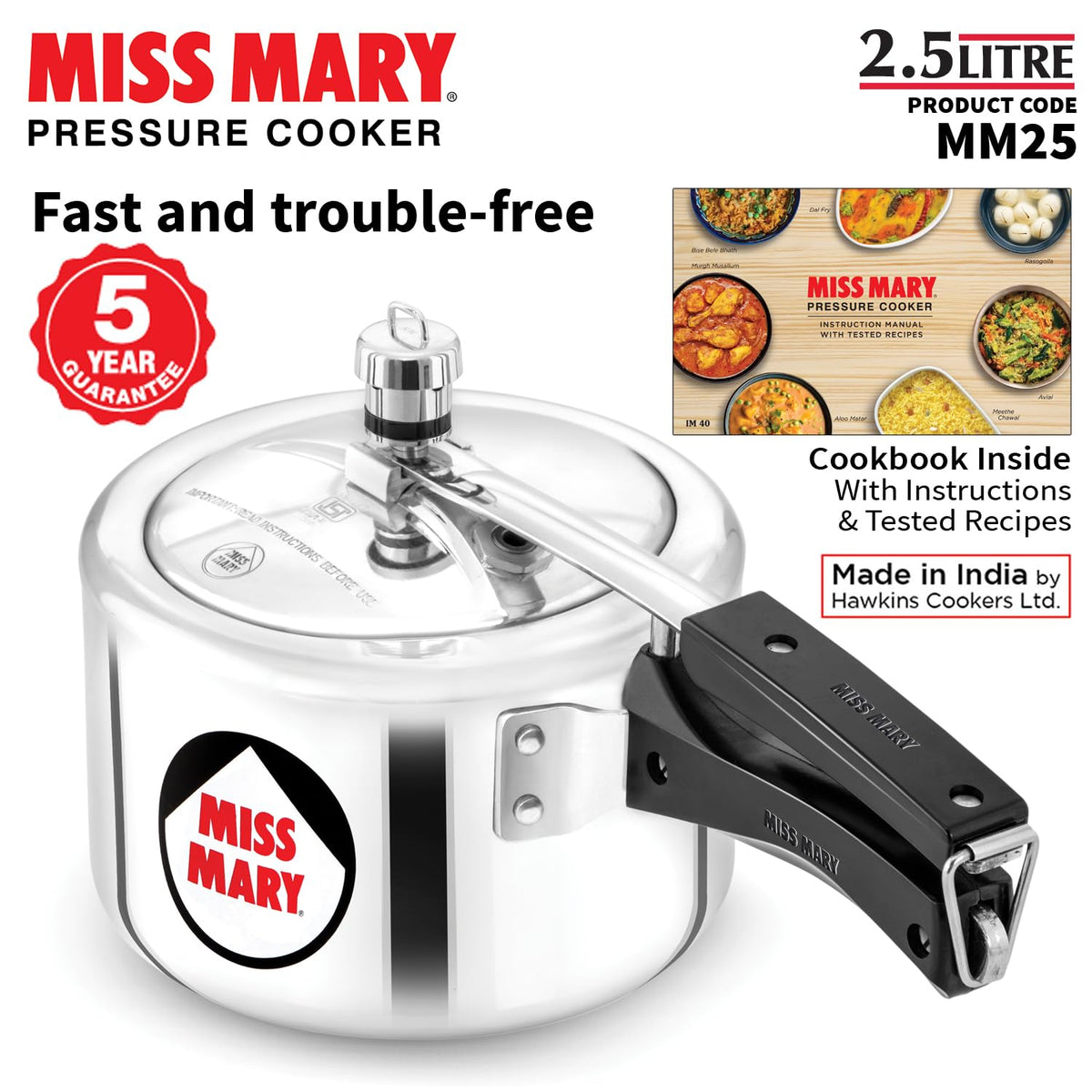 Hawkins 2.5 Litre Miss Mary Pressure Cooker, Inner Lid Cooker, Silver (MM25), Aluminium