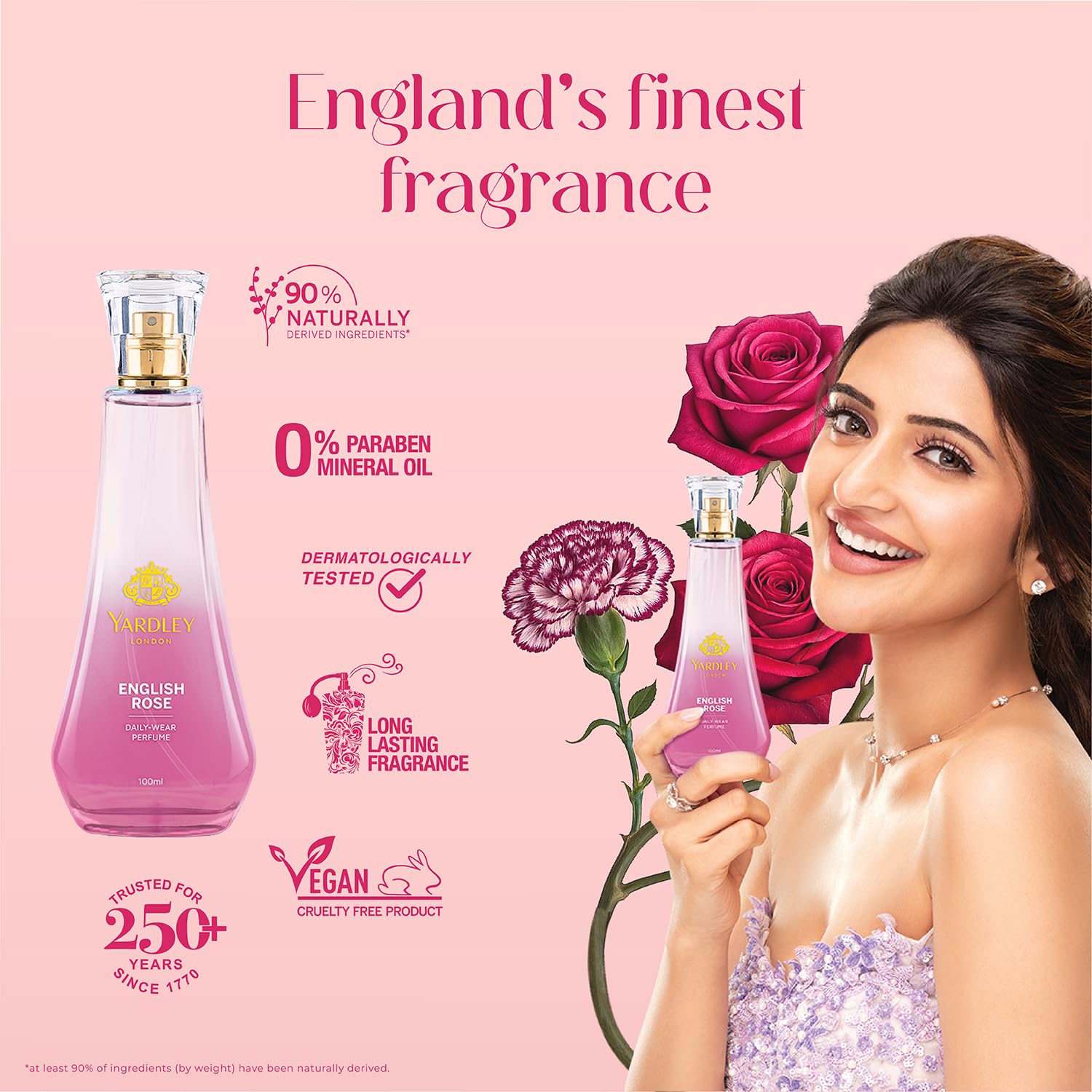 Yardley London English Rose Perfume for Women, 50ml – 90% Naturally Derived, Floral Daily Wear Spray | Rose & Musk Fragrance