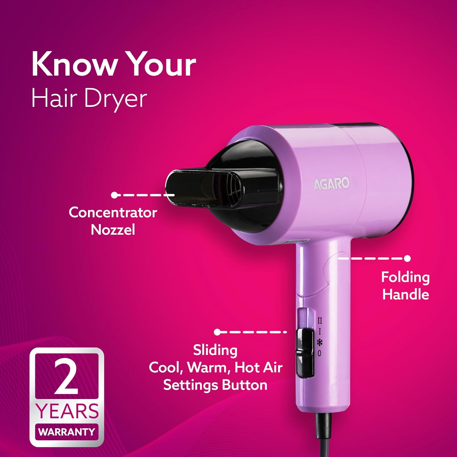 AGARO Premium Hair Dryer with 1400 Watts Motor, 3 Temperature Settings & Cool Shot Button- Black HD-1214
