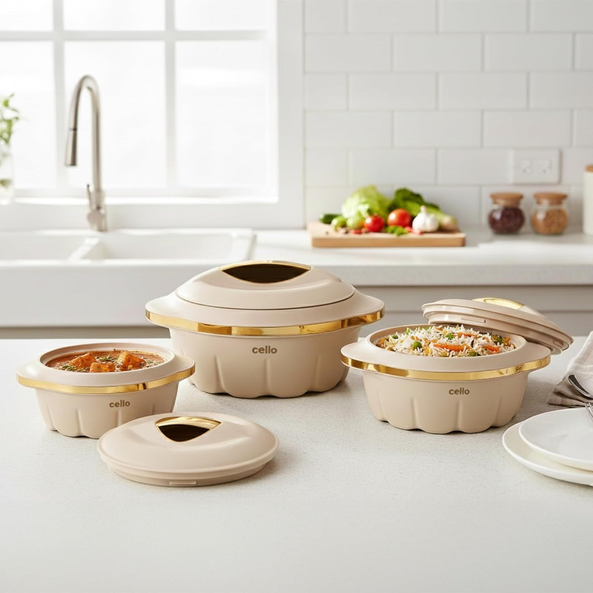 CELLO Stylus Insulated Casserole Hot Pot Box Set of 3 Pcs, Beige (500ml, 1000ml, 1500ml) |