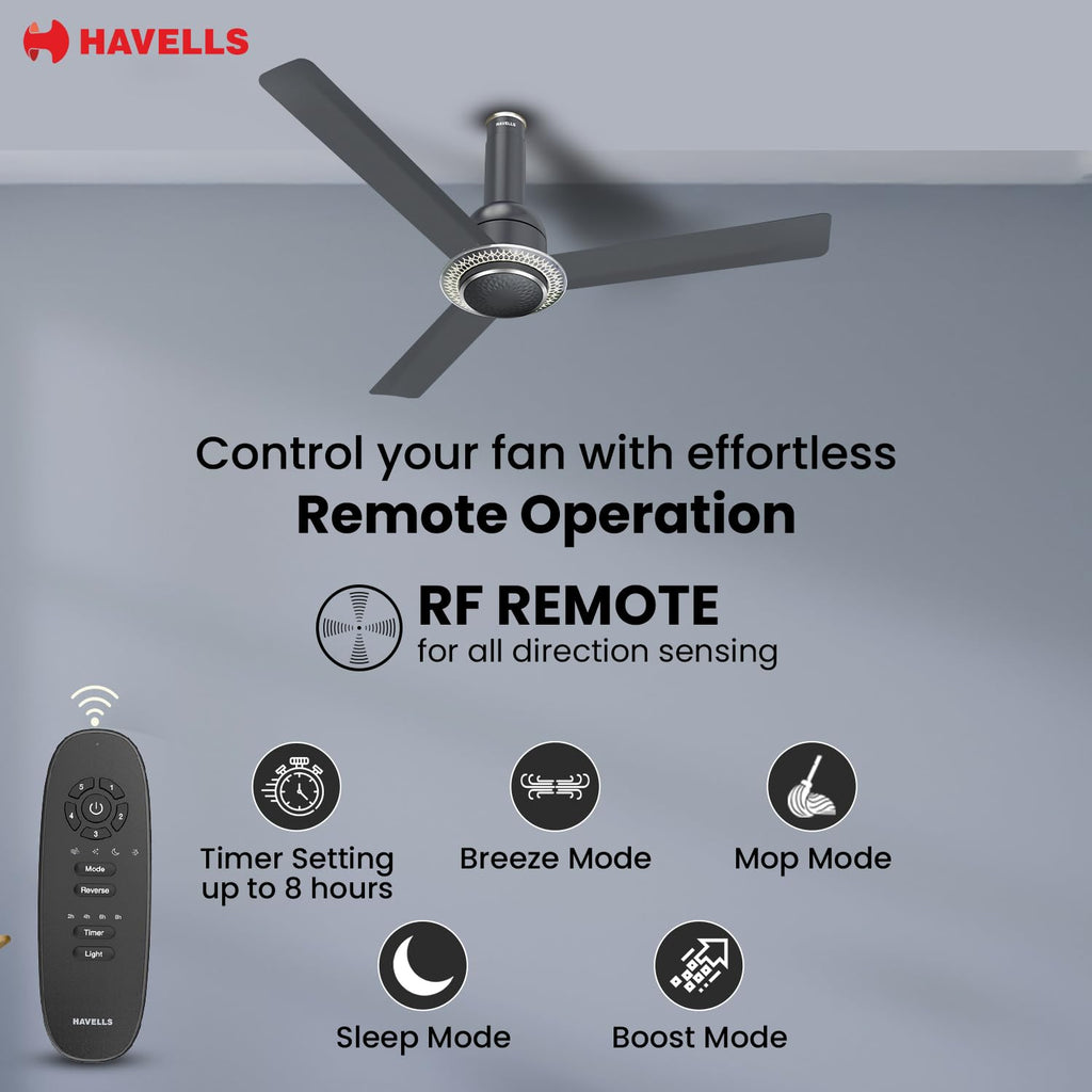 Havells CERA BLDC 1200mm Premium Underlight Ceiling Fan with 100% Pure Copper| Reverse Rotation| Remote Controlled | Watt: 35|Air Flow: 225 cmm|Speed: 350 RPM| 2 Years Manufacturer Warranty (Slate)