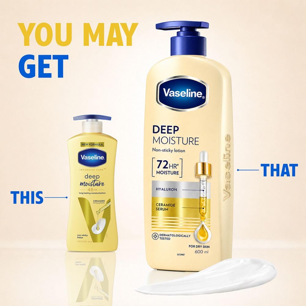 Vaseline Deep Moisture Body Lotion with Ceramide Hyaluron Fillers | 10X More Moisture for Cushion Soft Glowing Skin | For Dry Skin | Lightweight Non-Sticky...