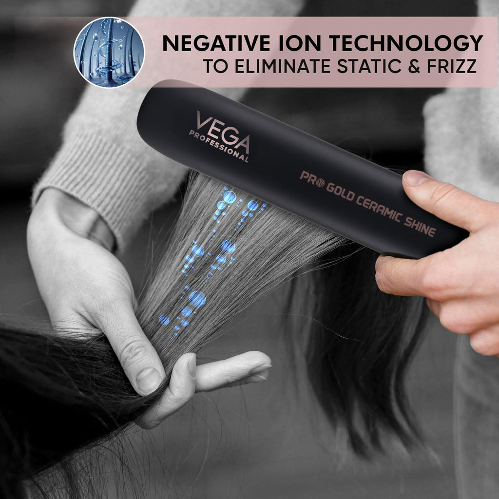 VEGA PROFESSIONAL Pro Gold Ceramic Shine Hair Straightener for Professional and Home Hair Straightening | Ceramic Floating Plates, Black (VPMHS-08)