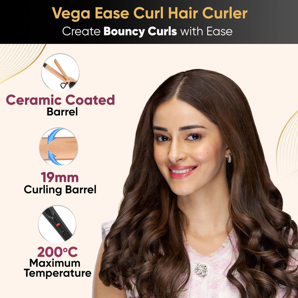 VEGA Ease Curl 19 mm Barrel Hair Curler for Women with Ceramic Coated Plates, Cool Tip