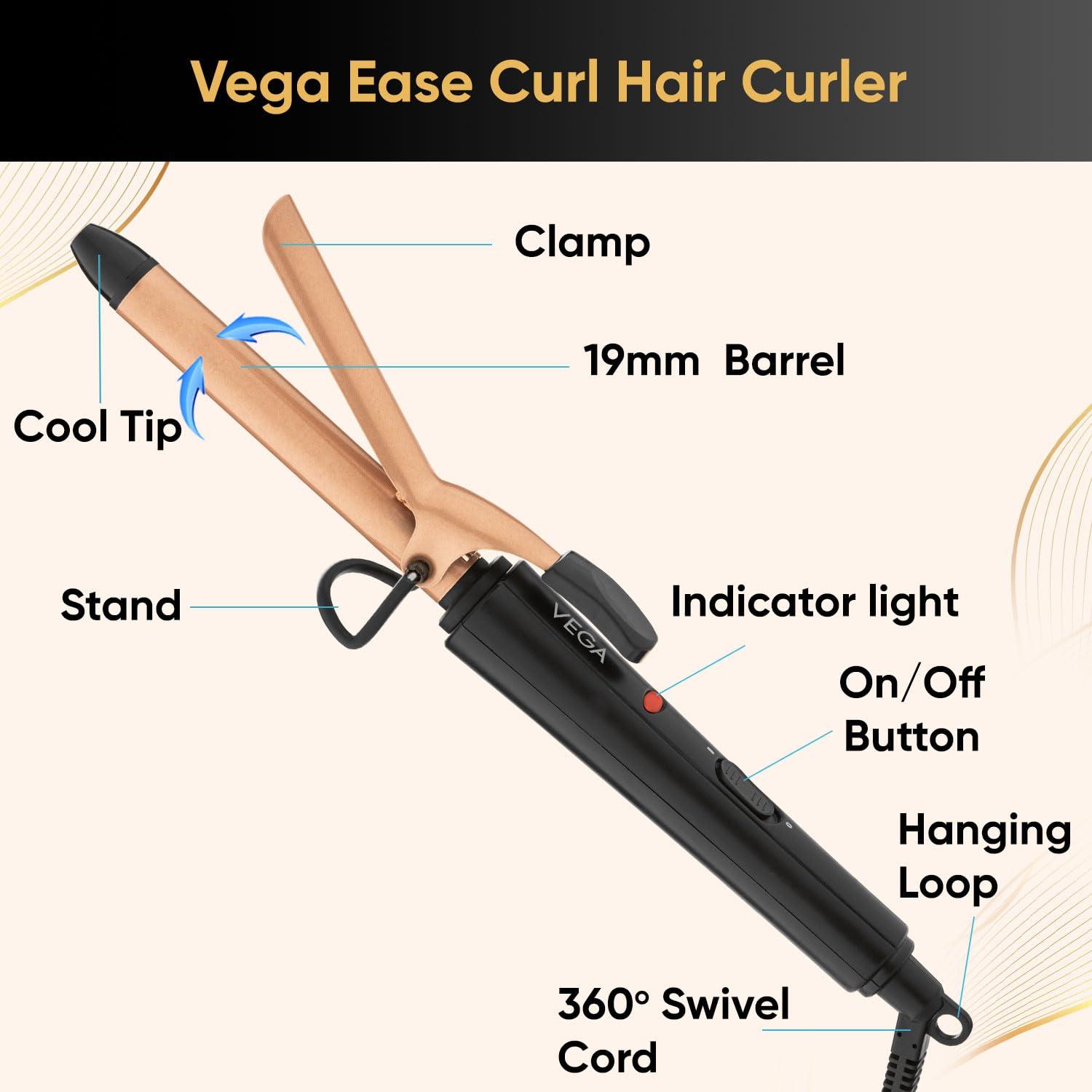 VEGA Ease Curl 19 mm Barrel Hair Curler for Women with Ceramic Coated Plates, Cool Tip