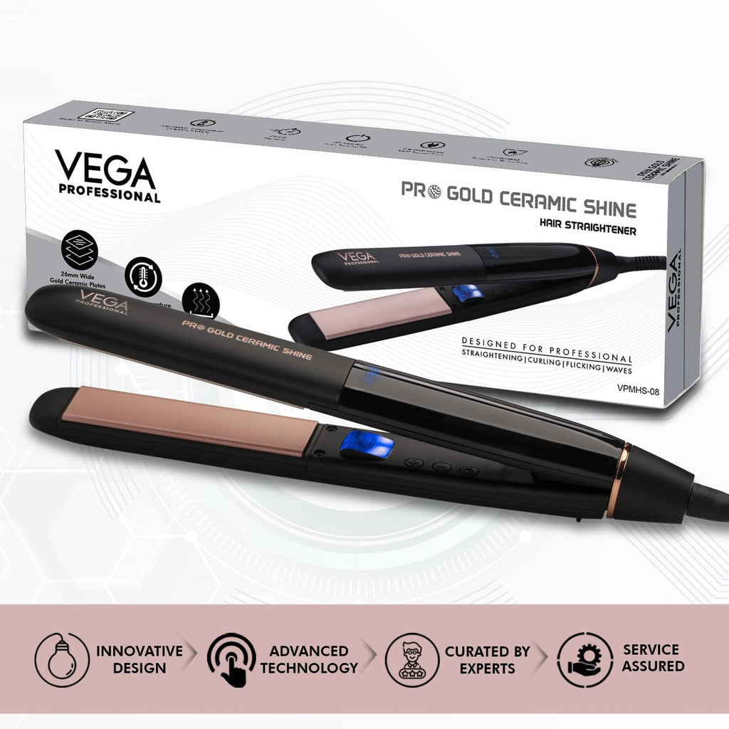 VEGA PROFESSIONAL Pro Gold Ceramic Shine Hair Straightener for Professional and Home Hair Straightening | Ceramic Floating Plates, Black (VPMHS-08)