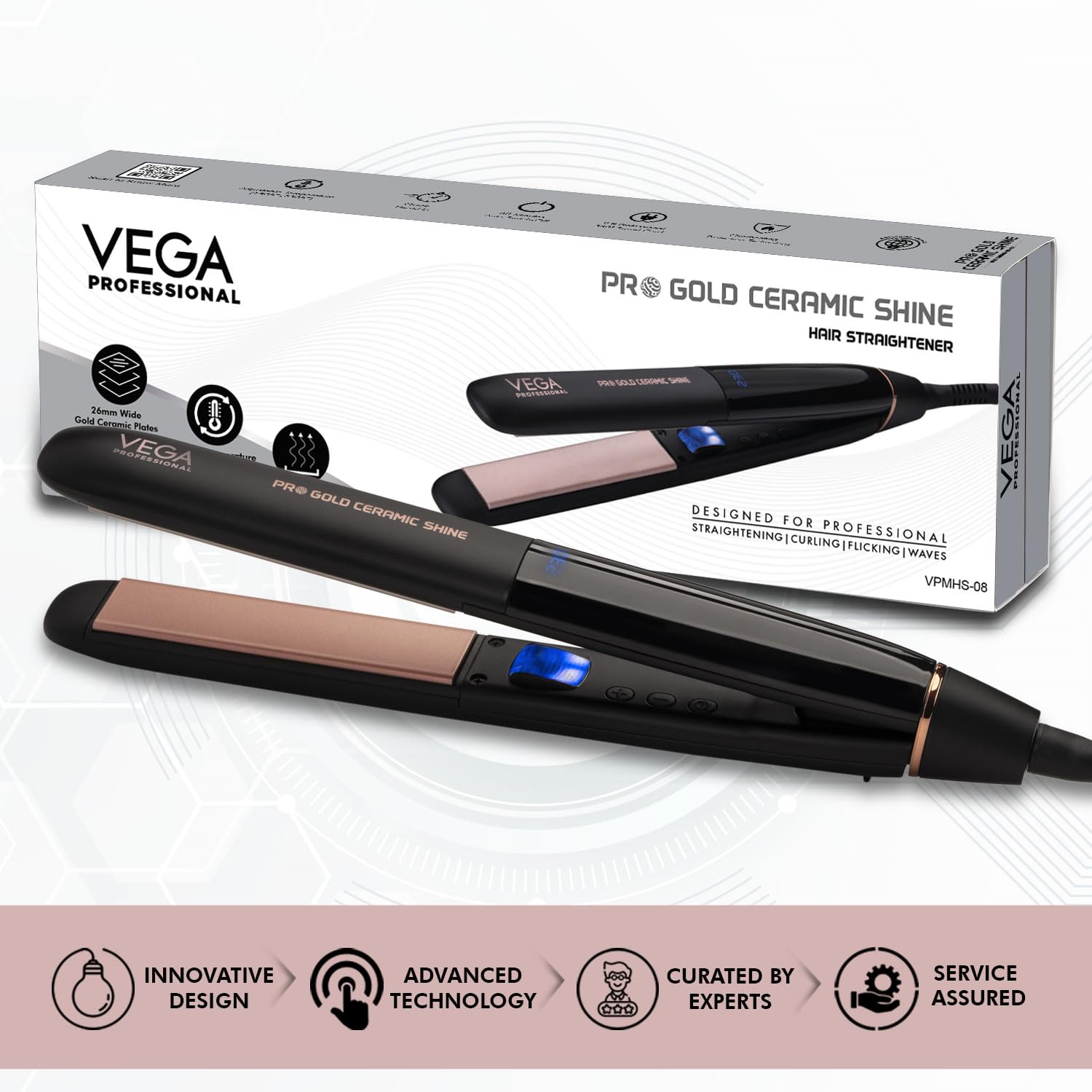 VEGA PROFESSIONAL Pro Gold Ceramic Shine Hair Straightener for Professional and Home Hair Straightening | Ceramic Floating Plates, Black (VPMHS-08)
