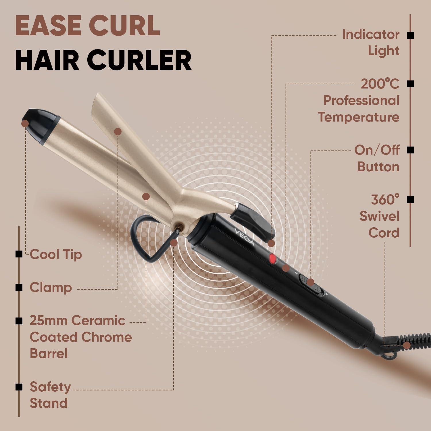 Vega Ease Curl Hair Curler for Women | 25mm Ceramic Barrel | Hair Curling Iron for Soft Curls & Wavy Hair
