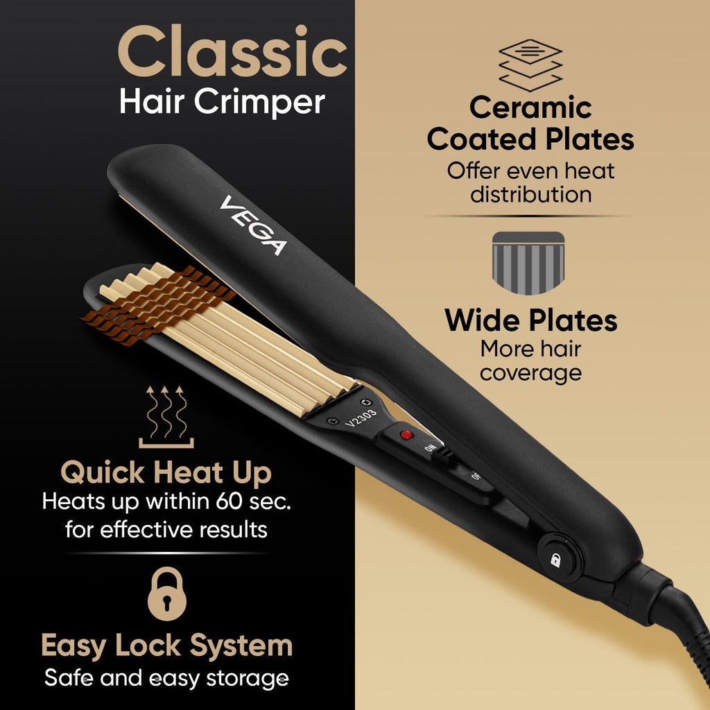 VEGA Classic Hair Crimper with Quick Heat Up & Ceramic Coated Plates, Power Indicator Light