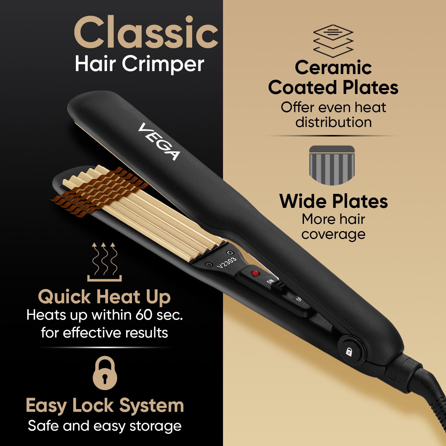 VEGA Classic Hair Crimper with Quick Heat Up & Ceramic Coated Plates, Power Indicator Light
