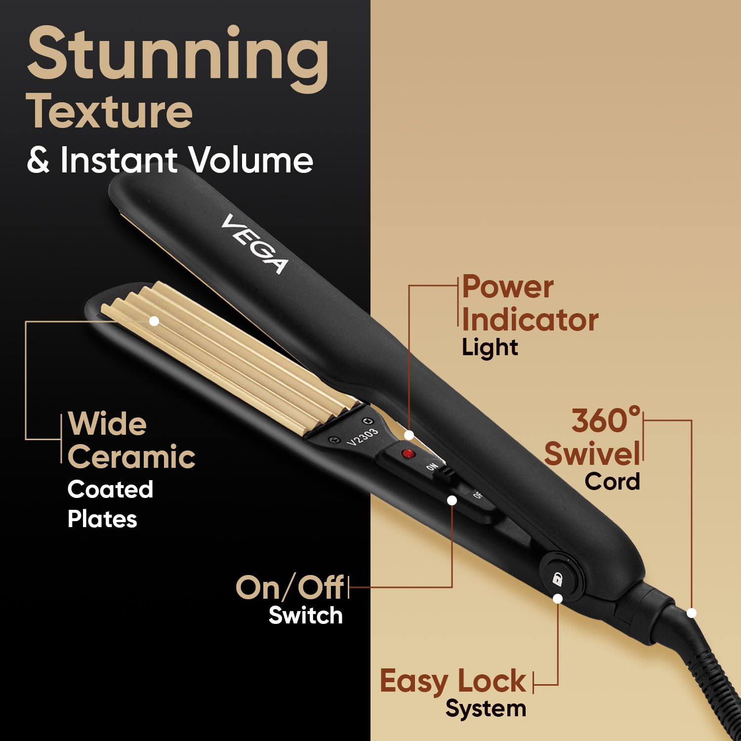 VEGA Classic Hair Crimper with Quick Heat Up & Ceramic Coated Plates, Power Indicator Light
