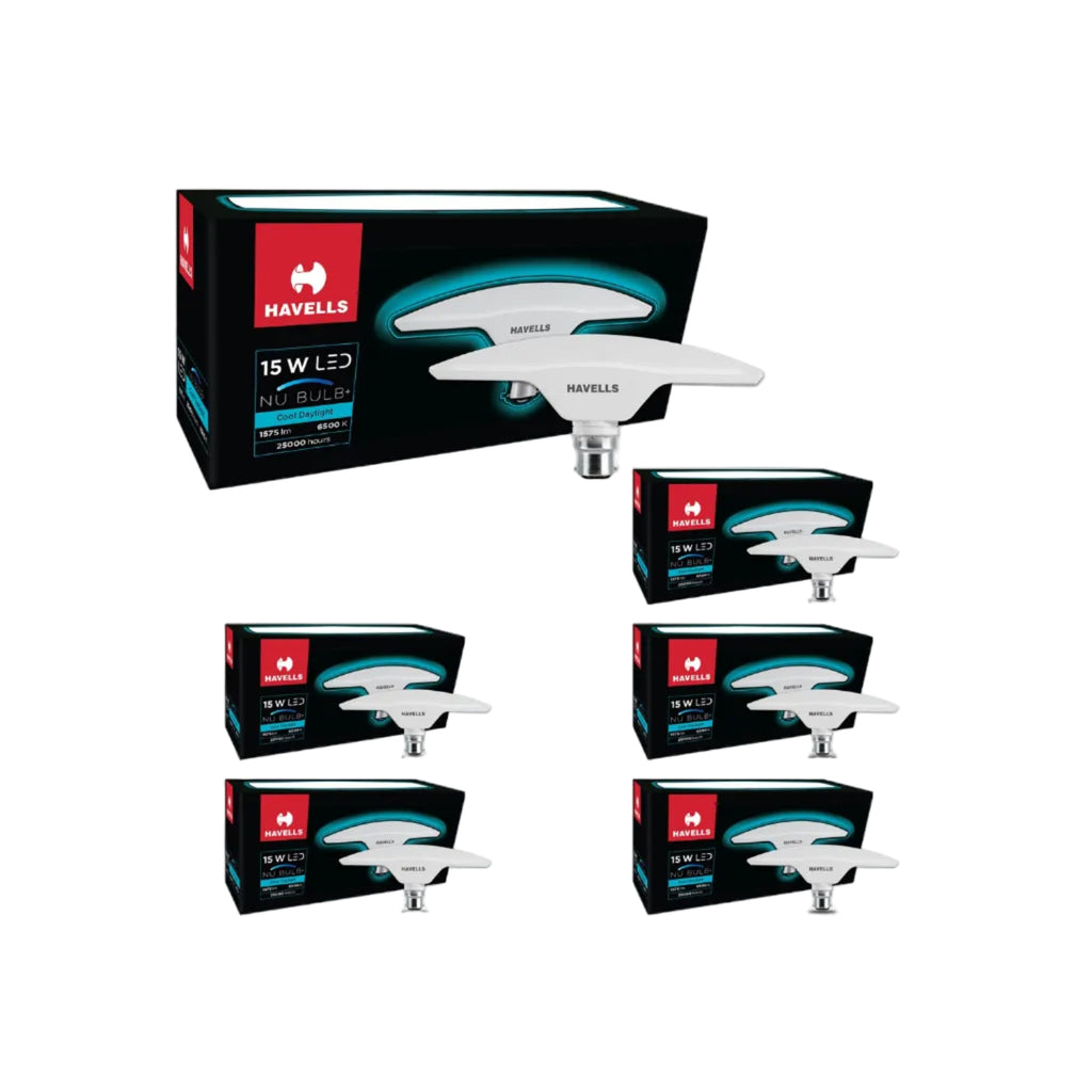 Havells T Shape Led NU Bulb 15W B22 Base|14% Wider Light Spread|100 Lumens Per Watt|Inbuilt 4.0Kv Surge Protection| 320 Degree Rotation For Multiple Applications (6500K,Cool Day Light) - Pack Of 6