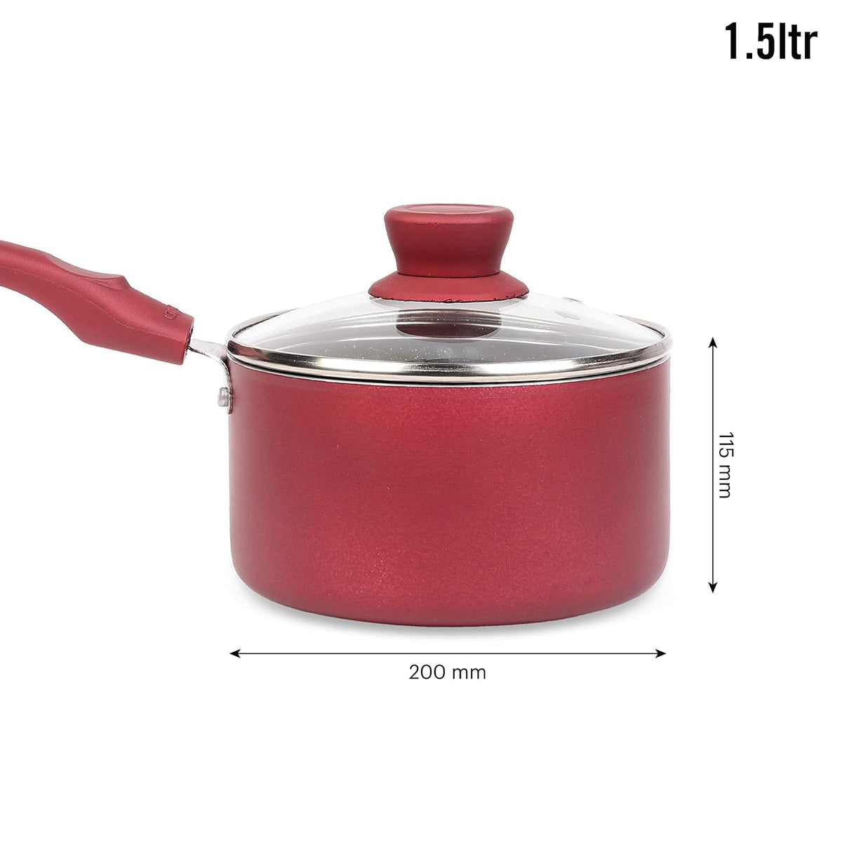 Cello Crown Induction Base Non Stick Saucepan with Glass Lid 1.5 Liter, Maroon
