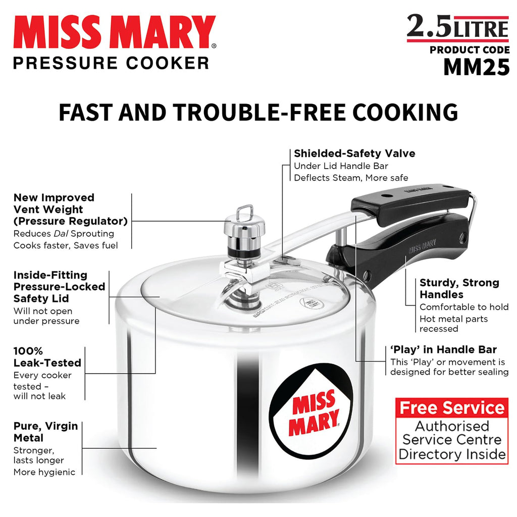 Hawkins 2.5 Litre Miss Mary Pressure Cooker, Inner Lid Cooker, Silver (MM25), Aluminium