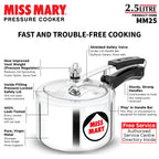 Hawkins 2.5 Litre Miss Mary Pressure Cooker, Inner Lid Cooker, Silver (MM25), Aluminium