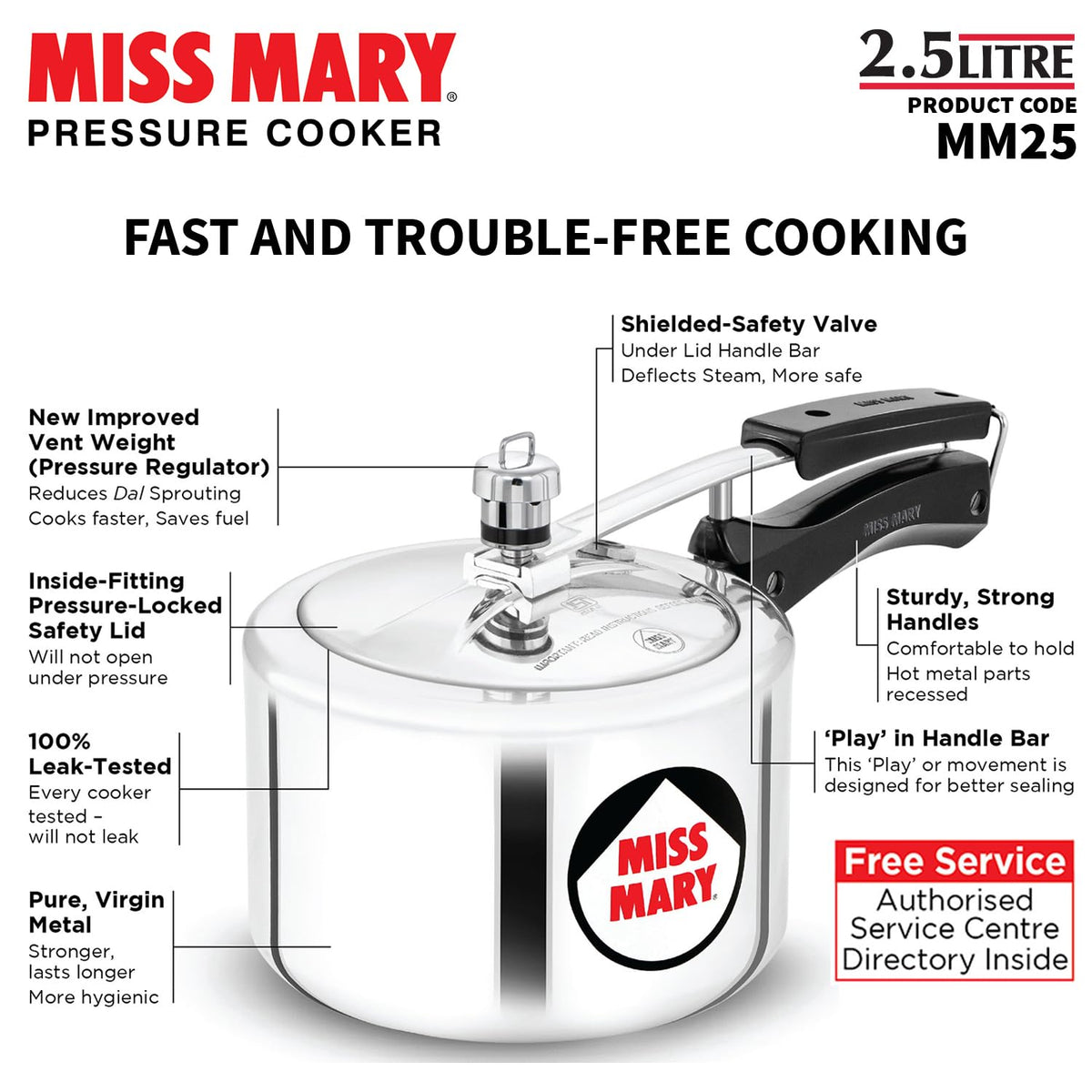 Hawkins 2.5 Litre Miss Mary Pressure Cooker, Inner Lid Cooker, Silver (MM25), Aluminium