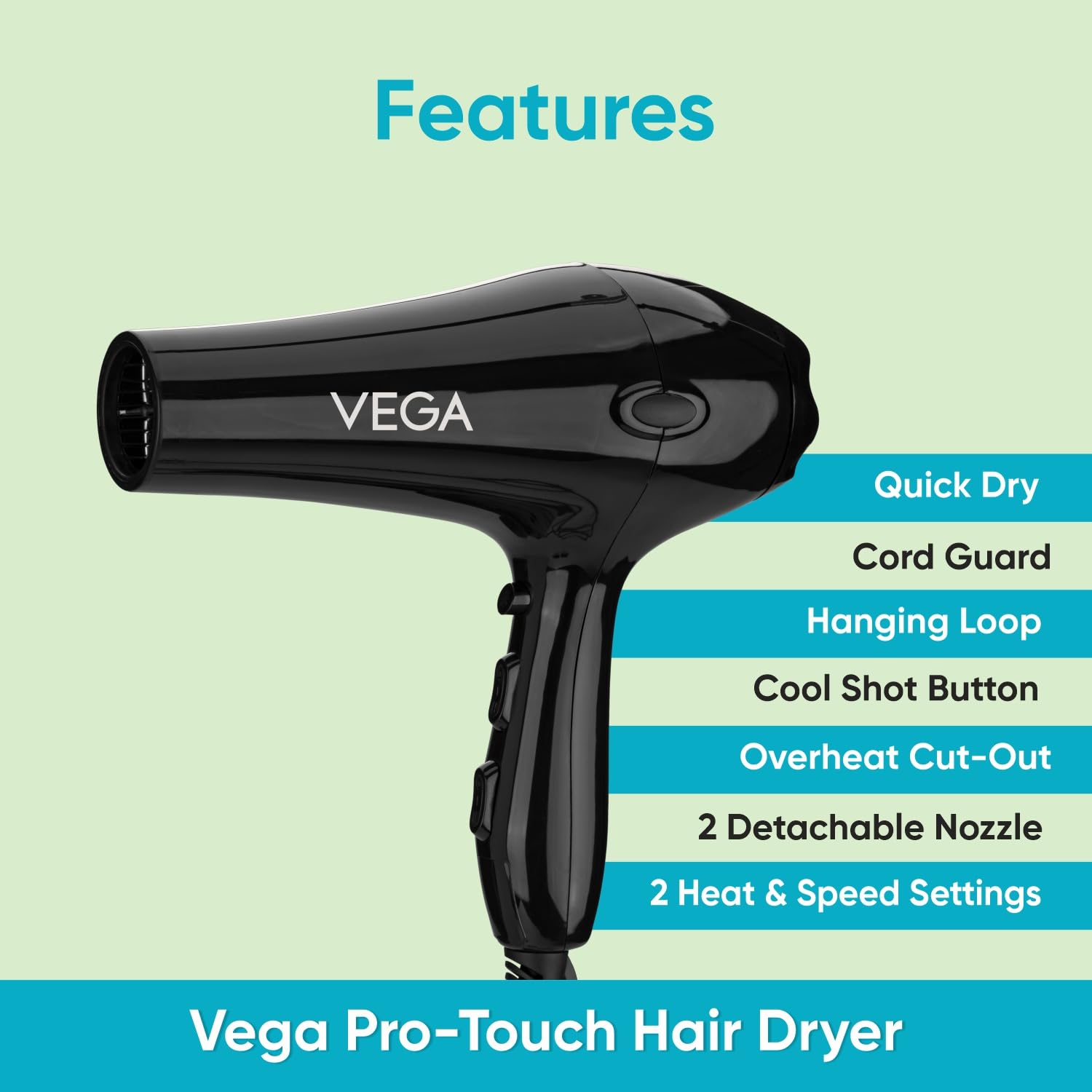 Vega 3 in 1 Hair Styler, 2000 Watts Straightener, Curler & Crimper (VHSCC-01), Black & Pro Touch VHDP-02 Hair Dryer (Black)