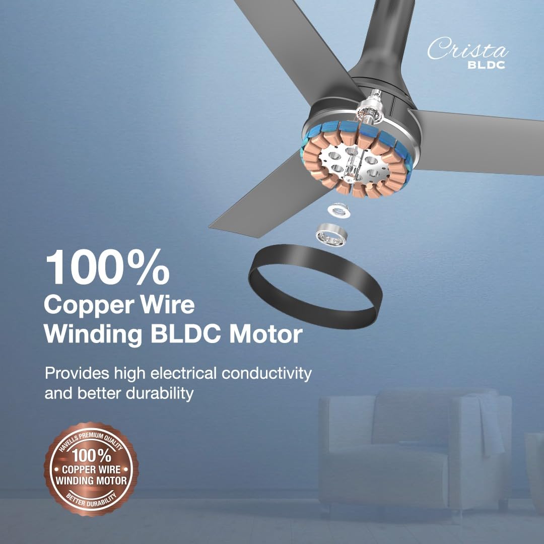 Havells 1200mm Crista BLDC Motor Ceiling Fan | Premium Finish with RF Remote, 100% Copper, Upto 60% Energy Saving | Low Noise: 55dB, 2 Year Warranty, Dust Resistant | (Pack of 1, Slate)