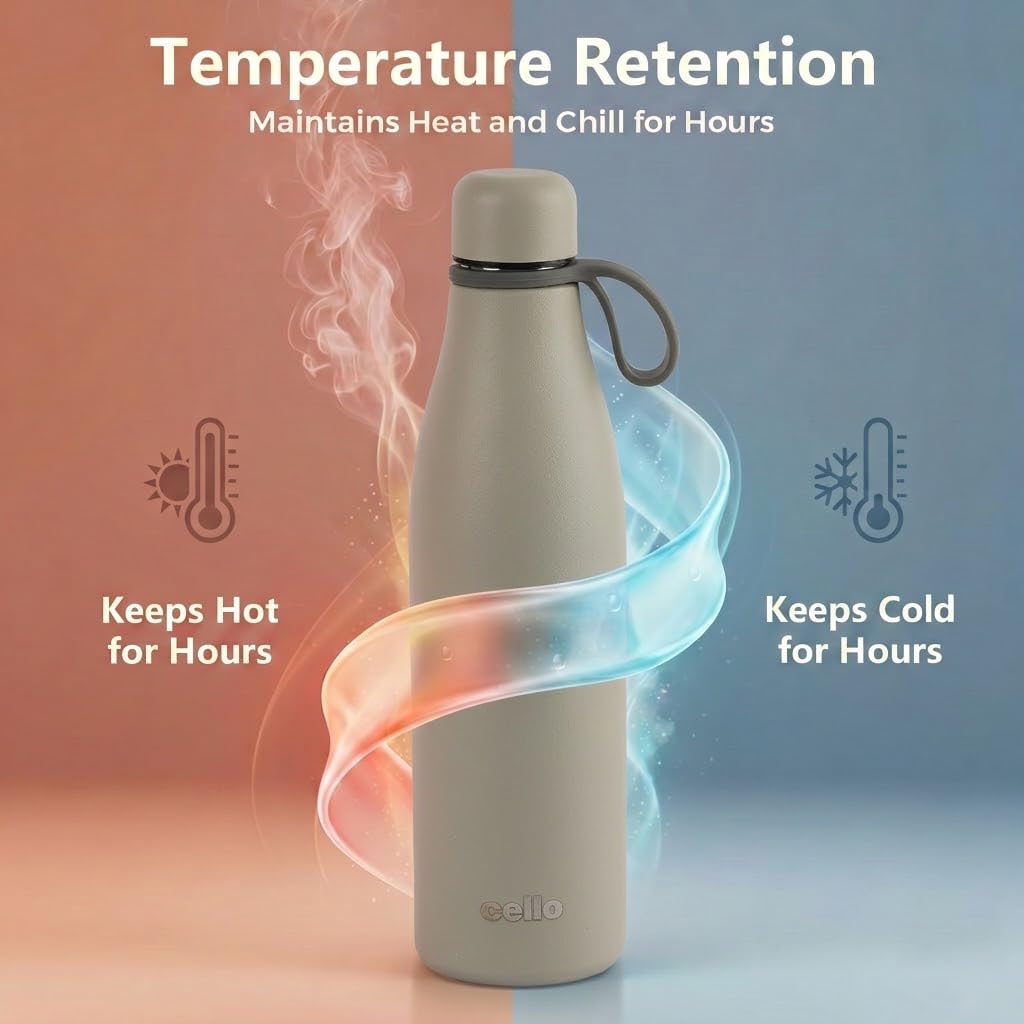 CELLO Duro Oxy Stainless Steel Flask 900 ml Grey | Easy to Pour & Fill, Spill Proof Leakproof Vacuum Insulated Hot and Cold Thermos Water Bottle for School College Office Gym Trekking Biking & Travel