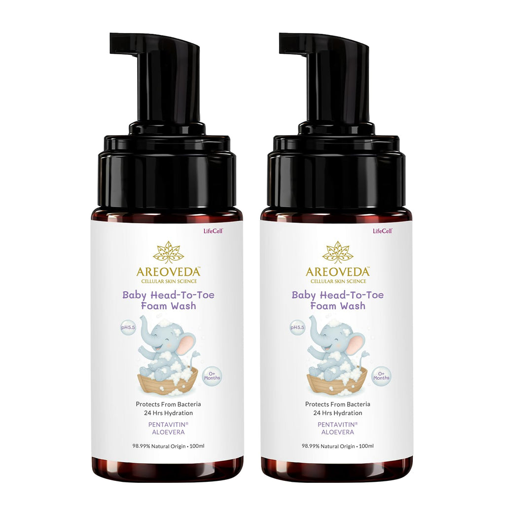 AreoVeda Baby Head-To-Toe Foam Wash With Self-Foaming Pump (100ml*2) I Tear-Free Baby Wash I 24 Hrs Hydration I pH 5.5 With PENTAVITIN® & Aloe Vera I Safe from Day 1 I Lab Tested, Ecocert Certified, EWG Verified