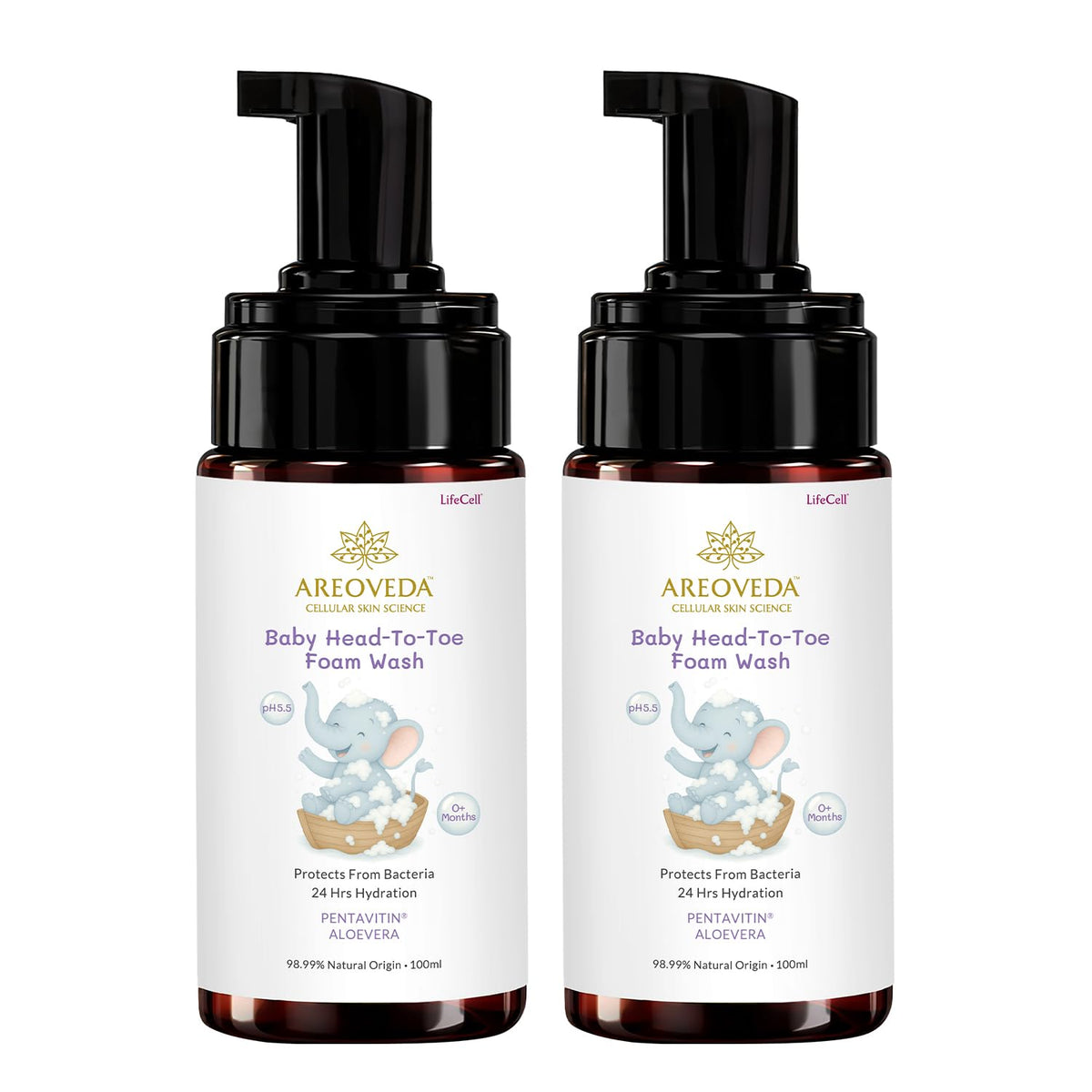 AreoVeda Baby Head-To-Toe Foam Wash With Self-Foaming Pump (100ml*2) I Tear-Free Baby Wash I 24 Hrs Hydration I pH 5.5 With PENTAVITIN® & Aloe Vera I Safe from Day 1 I Lab Tested, Ecocert Certified, EWG Verified