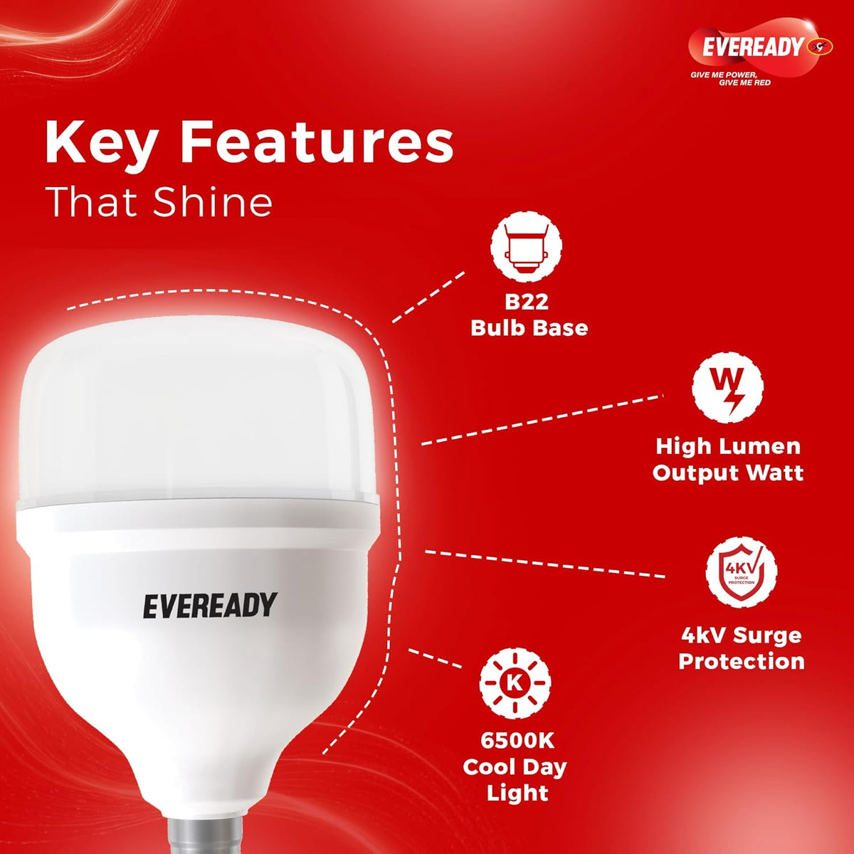 EVEREADY 60W LED Hammer Bulb, High CRI & High Efficiency Energy Efficient, Mercury-Free, 4KV Surge Protection, 100 Lumens per Watt, Cool Day Light (6500K), B22 Base, Pack of 2