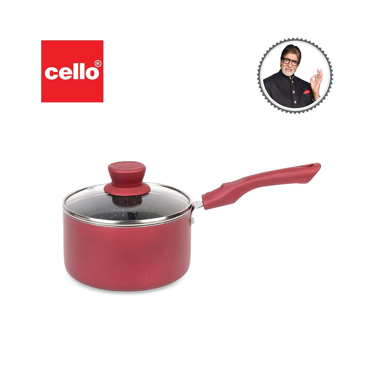 Cello Crown Induction Base Non Stick Saucepan with Glass Lid 1.5 Liter, Maroon