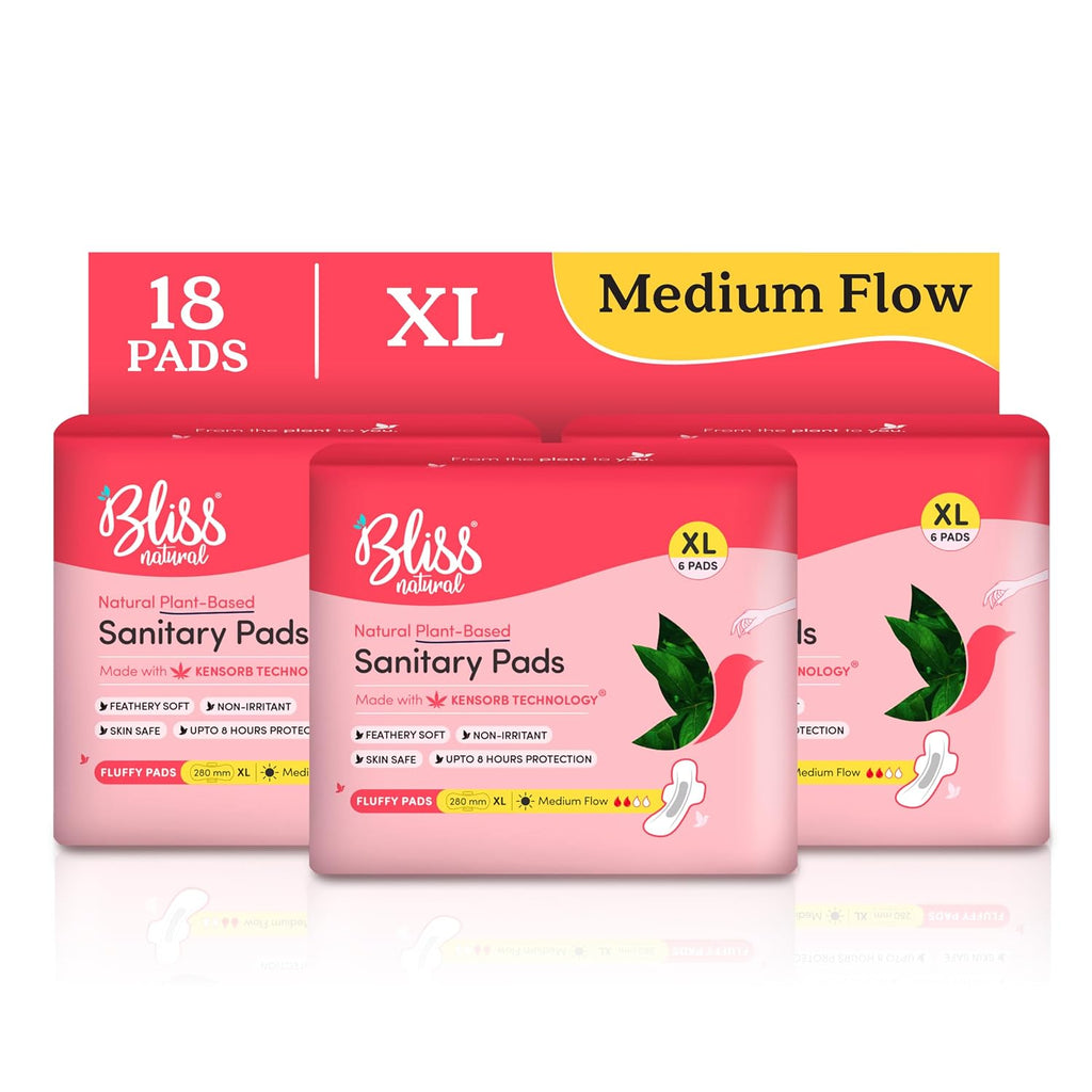 BLISSNATURAL Ultra Soft Sanitary Pads for Women XL | 18 Pads (3 Pack of 6)