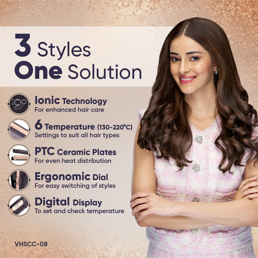 Vega Ionic 3 in 1 Hair Styler for Women with Digital Display 6 Temperature Settings (130–220°C), Hair Straightener, Curler & Crimper with Ionic...