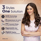 Vega Ionic 3 in 1 Hair Styler for Women with Digital Display 6 Temperature Settings (130–220°C), Hair Straightener, Curler & Crimper with Ionic...