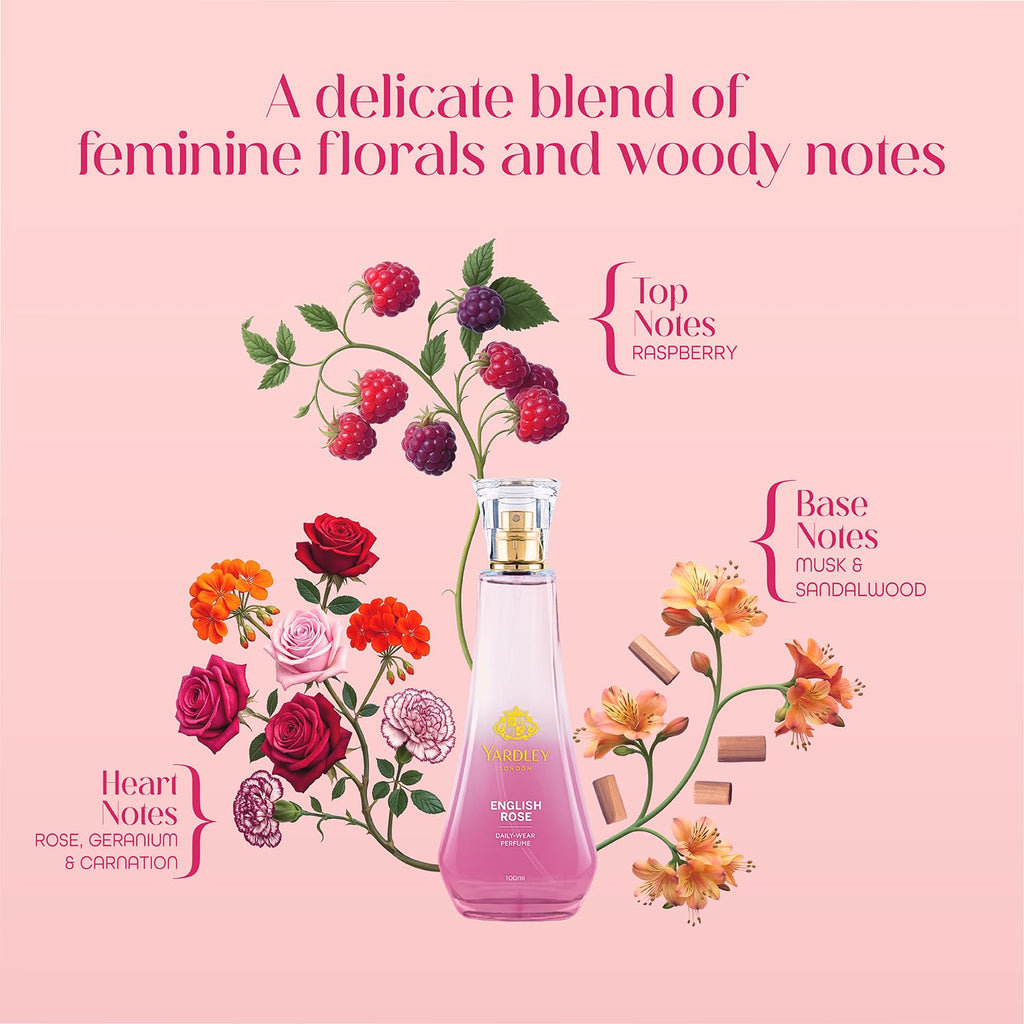 Yardley London English Rose Perfume for Women, 50ml – 90% Naturally Derived, Floral Daily Wear Spray | Rose & Musk Fragrance