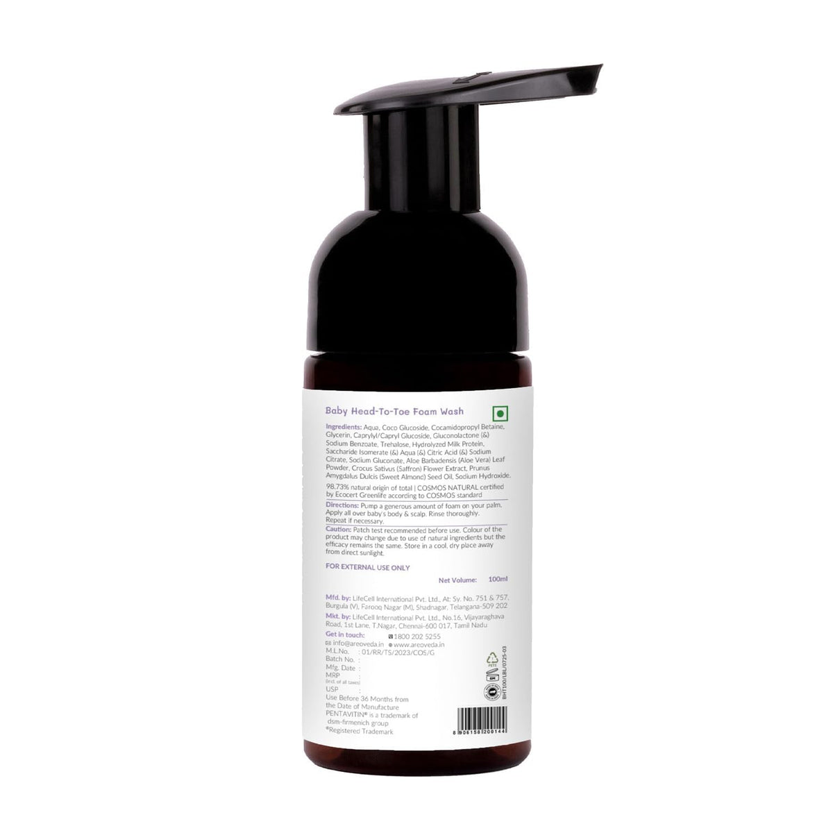 AreoVeda Baby Head-To-Toe Foam Wash With Self-Foaming Pump (100ml*2) I Tear-Free Baby Wash I 24 Hrs Hydration I pH 5.5 With PENTAVITIN® & Aloe Vera I Safe from Day 1 I Lab Tested, Ecocert Certified, EWG Verified