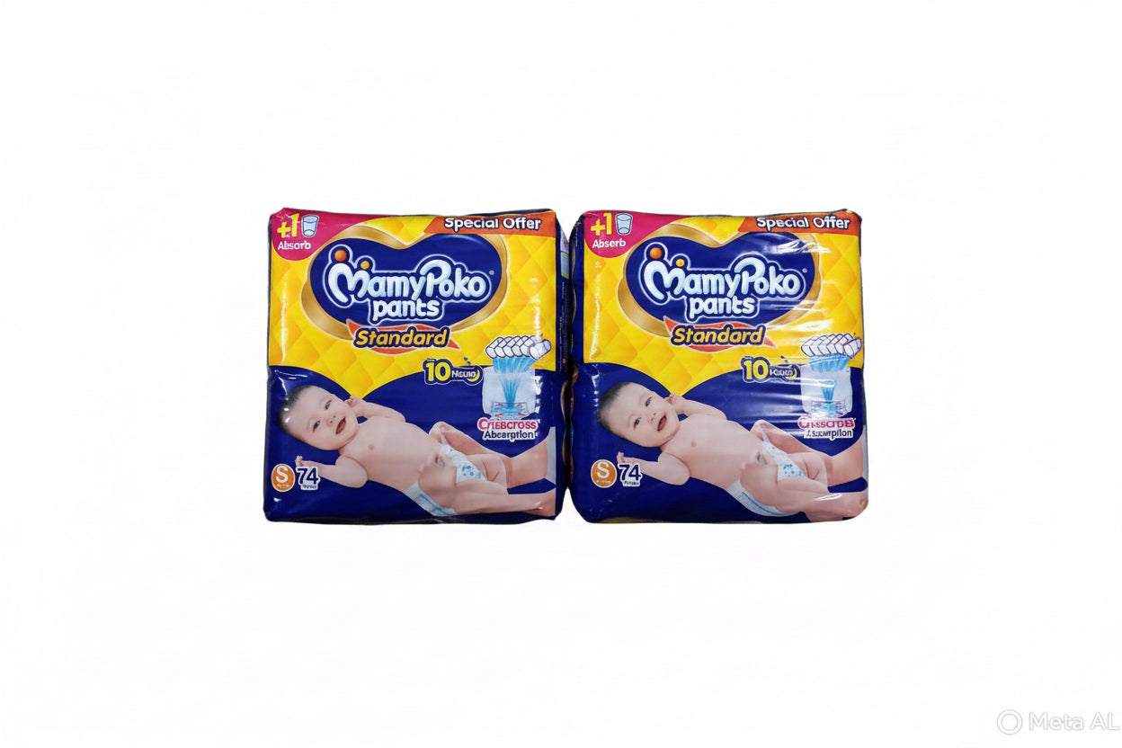 BABY DIAPERS MAMY PO-KO STANDARD SMALL SIZE PANTS STYLE DIAPERS, UPTO 10 HOURS ABSORPTION S74 PACK OF 2 (74 X 2) TOTAL148 PCS