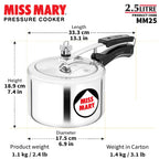 Hawkins 2.5 Litre Miss Mary Pressure Cooker, Inner Lid Cooker, Silver (MM25), Aluminium