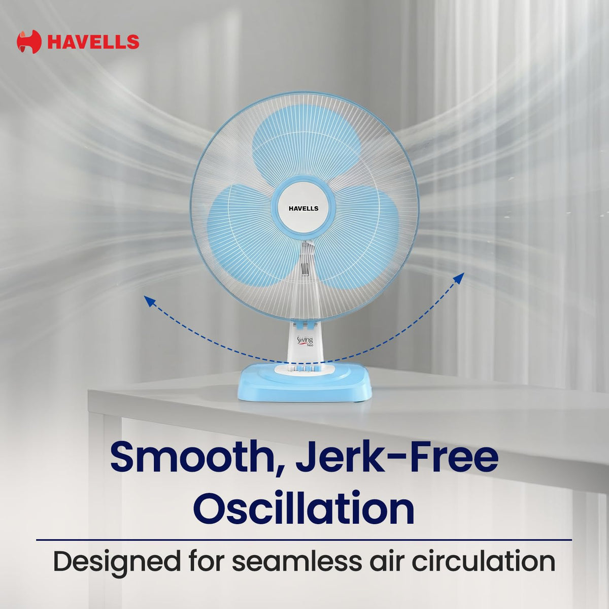 Havells SWING NEO NS TABLE FAN 400 MM| Smooth Air Flow & Jerk- Free oscillation | 100% Copper Motor | 3 Speed Regulation| Air Speed: 1350 RPM| Tilting Fan Head Mechanism (Icy Blue)