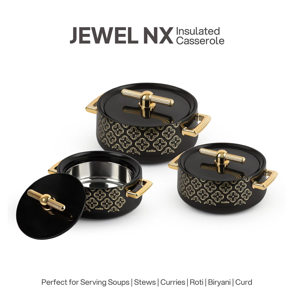 CELLO Jewel NX Insulated Casserole Set of 3 Pcs (500ml, 1000ml, 1500ml) Black |