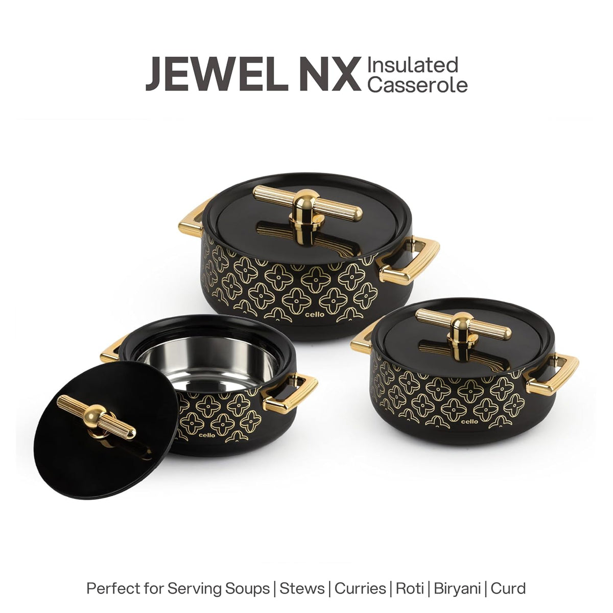 CELLO Jewel NX Insulated Casserole Set of 3 Pcs (500ml, 1000ml, 1500ml) Black |